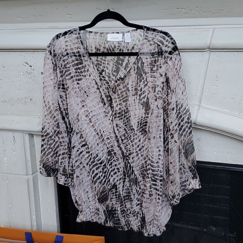 CHICO'S Printed Sheer Peasant Top - Size 3‎